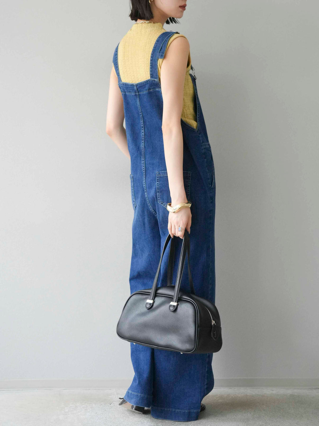 [SET]デザイン編みプチネックノースリニットトップス+ストレッチデニムワイドサロペット(2set)