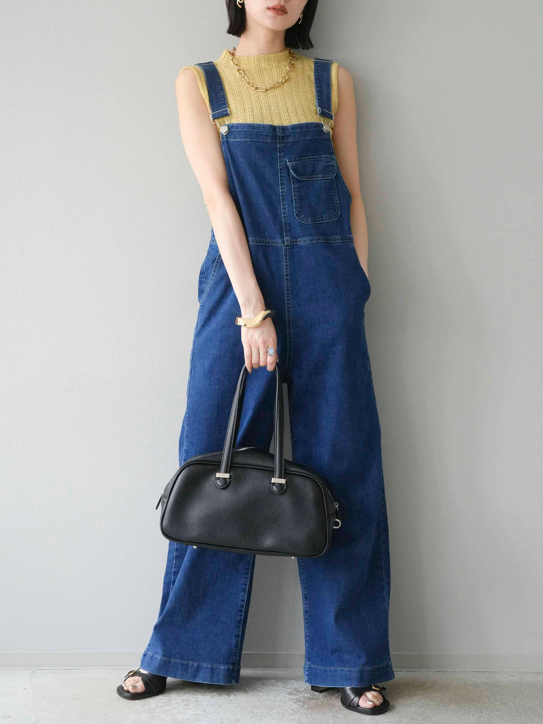 [SET]デザイン編みプチネックノースリニットトップス+ストレッチデニムワイドサロペット(2set)