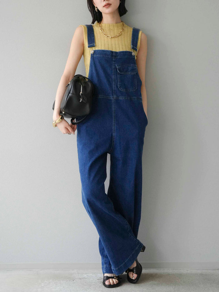 [SET]デザイン編みプチネックノースリニットトップス+ストレッチデニムワイドサロペット(2set)