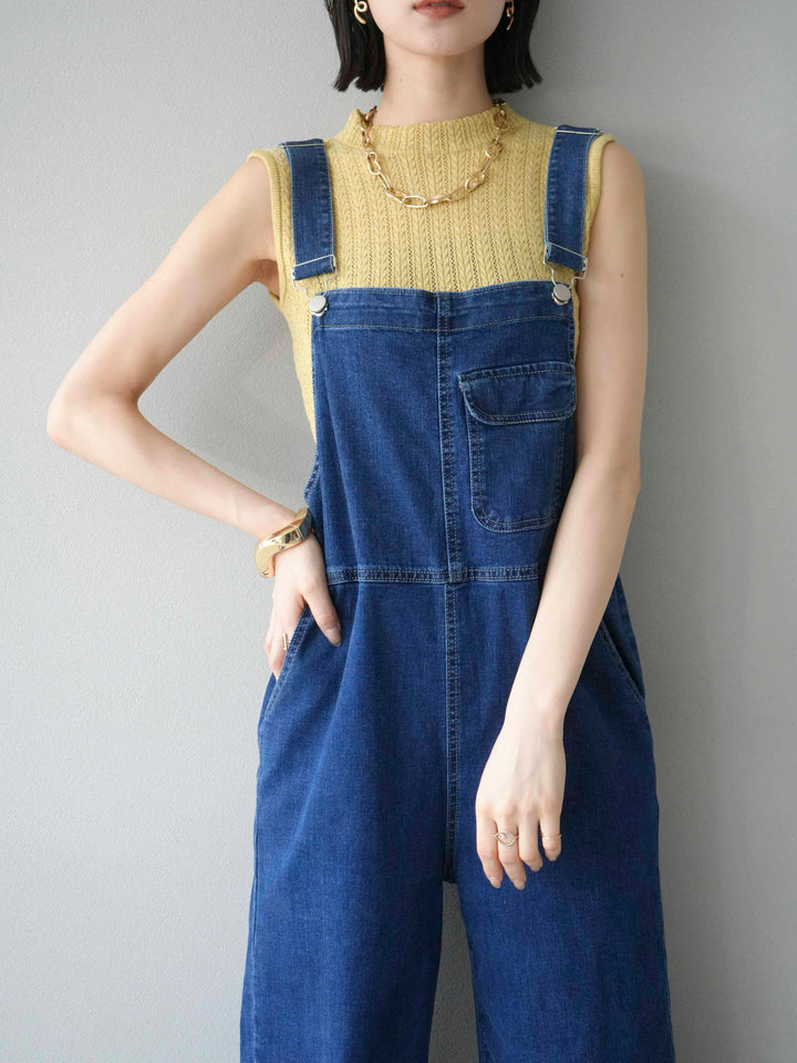 [SET]デザイン編みプチネックノースリニットトップス+ストレッチデニムワイドサロペット(2set)