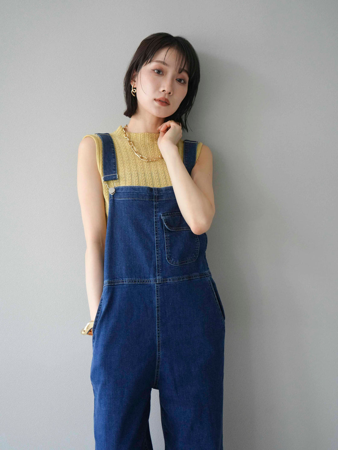 [SET]デザイン編みプチネックノースリニットトップス+ストレッチデニムワイドサロペット(2set)