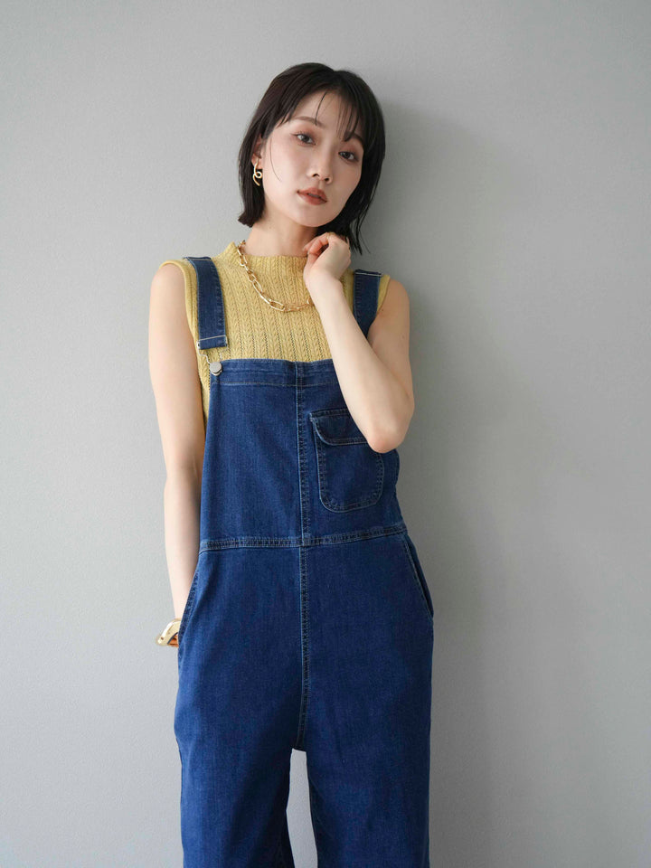 [SET]デザイン編みプチネックノースリニットトップス+ストレッチデニムワイドサロペット(2set)