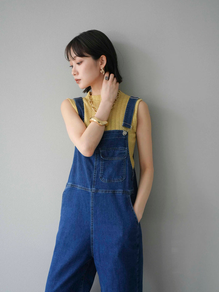 [SET]デザイン編みプチネックノースリニットトップス+ストレッチデニムワイドサロペット(2set)