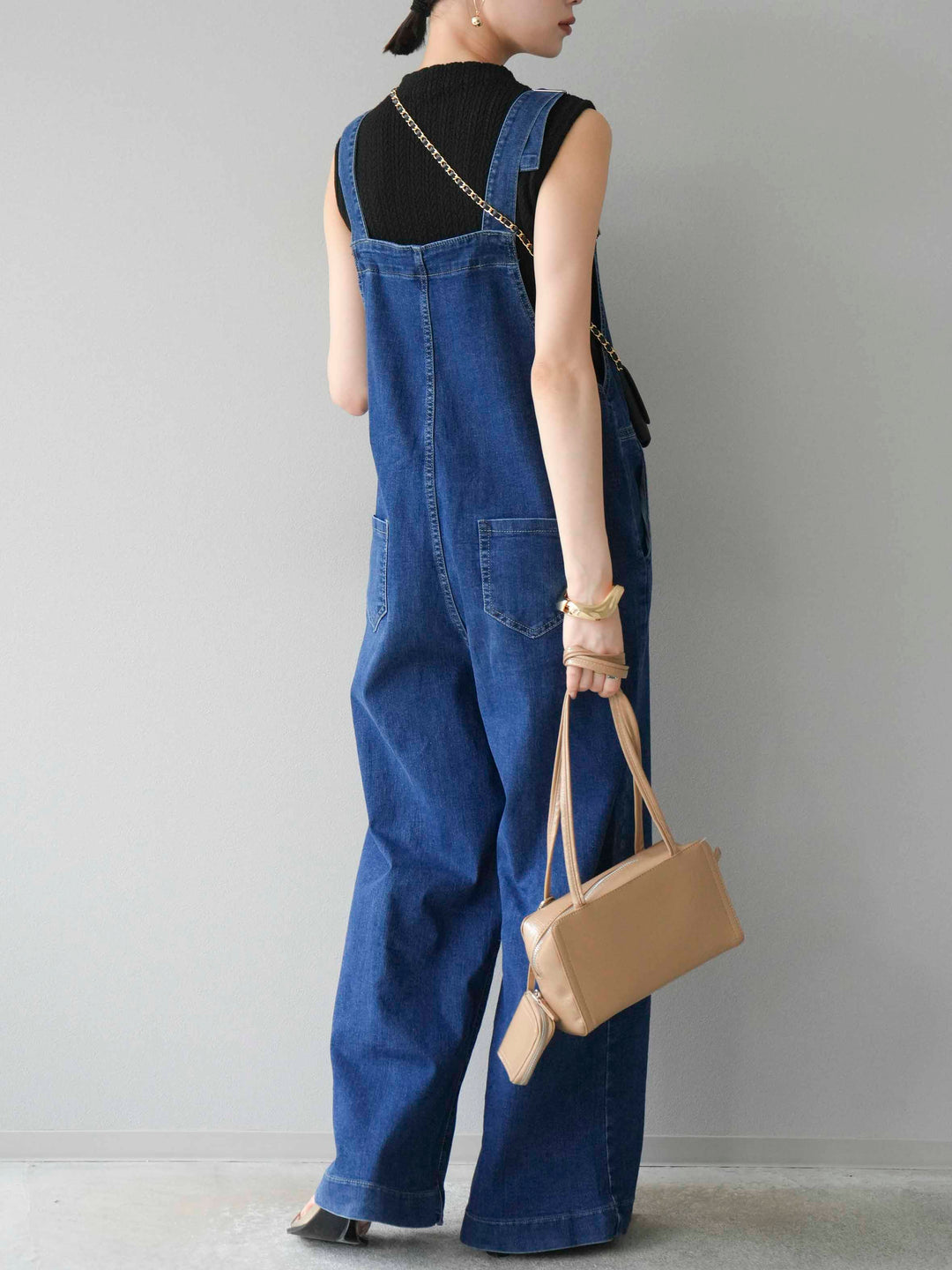 [SET]デザイン編みプチネックノースリニットトップス+ストレッチデニムワイドサロペット(2set)