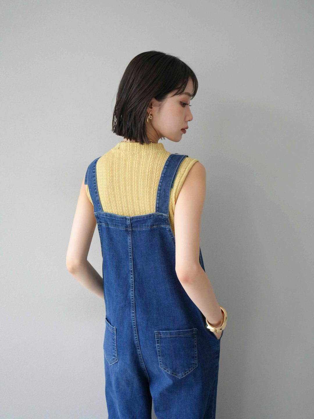 [SET]デザイン編みプチネックノースリニットトップス+ストレッチデニムワイドサロペット(2set)