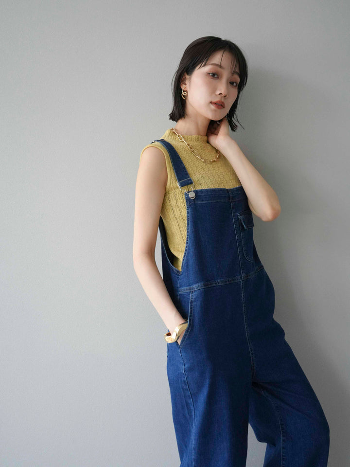 [SET]デザイン編みプチネックノースリニットトップス+ストレッチデニムワイドサロペット(2set)