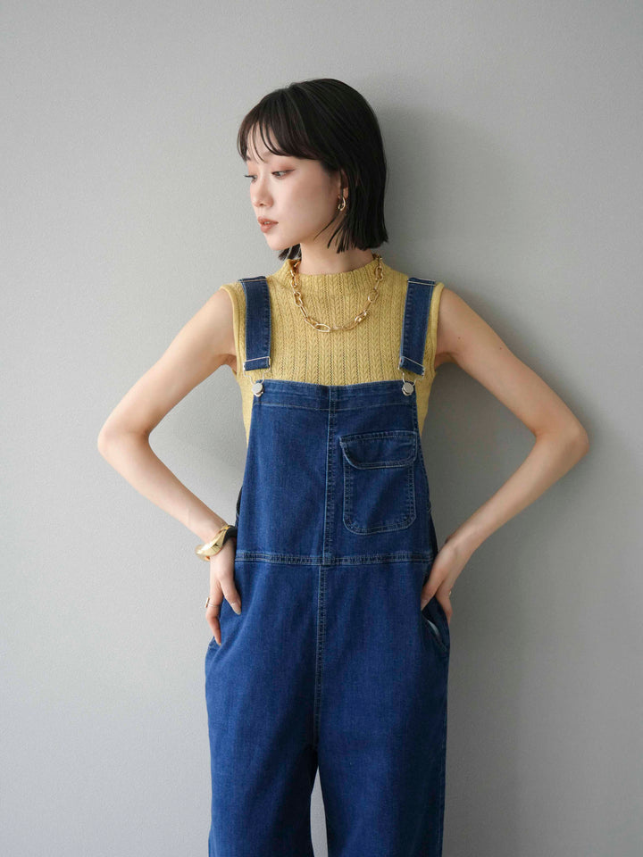 [SET]デザイン編みプチネックノースリニットトップス+ストレッチデニムワイドサロペット(2set)