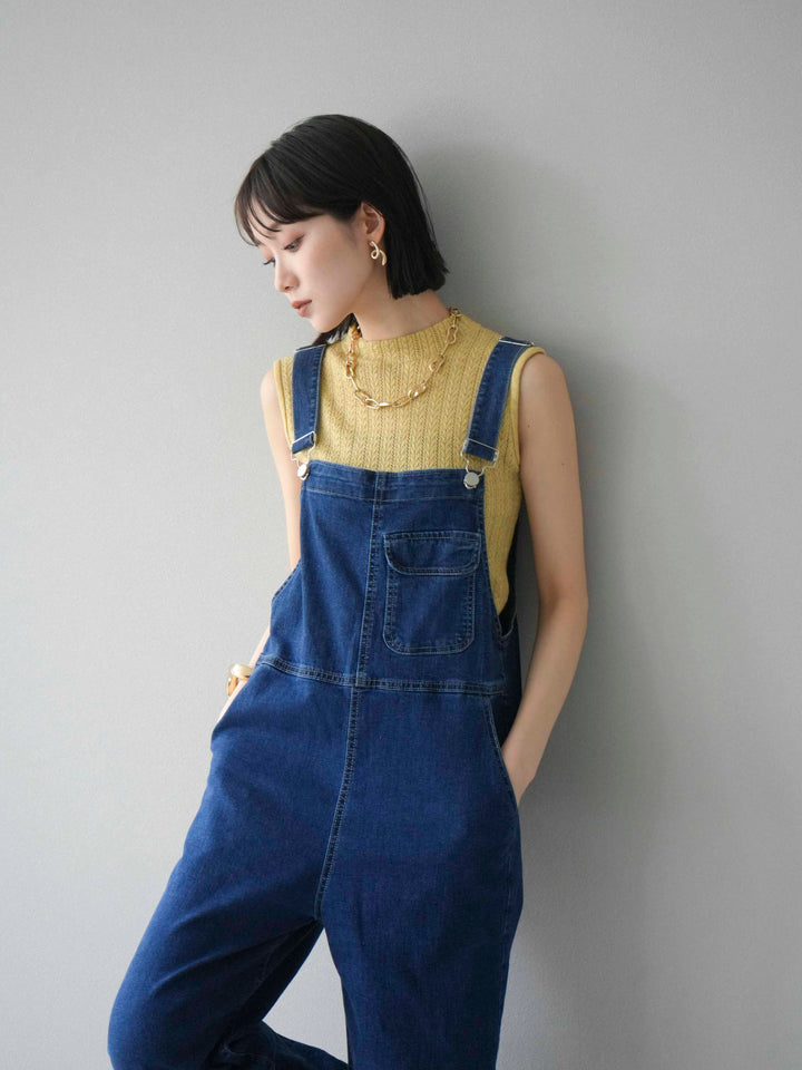 [SET]デザイン編みプチネックノースリニットトップス+ストレッチデニムワイドサロペット(2set)