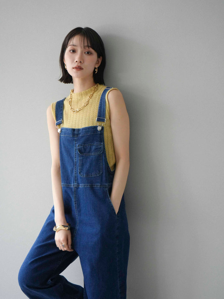 [SET]デザイン編みプチネックノースリニットトップス+ストレッチデニムワイドサロペット(2set)