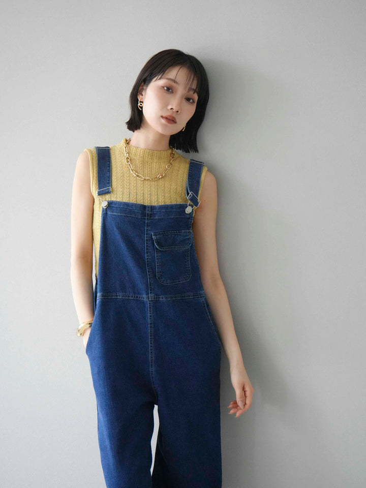 [SET]デザイン編みプチネックノースリニットトップス+ストレッチデニムワイドサロペット(2set)