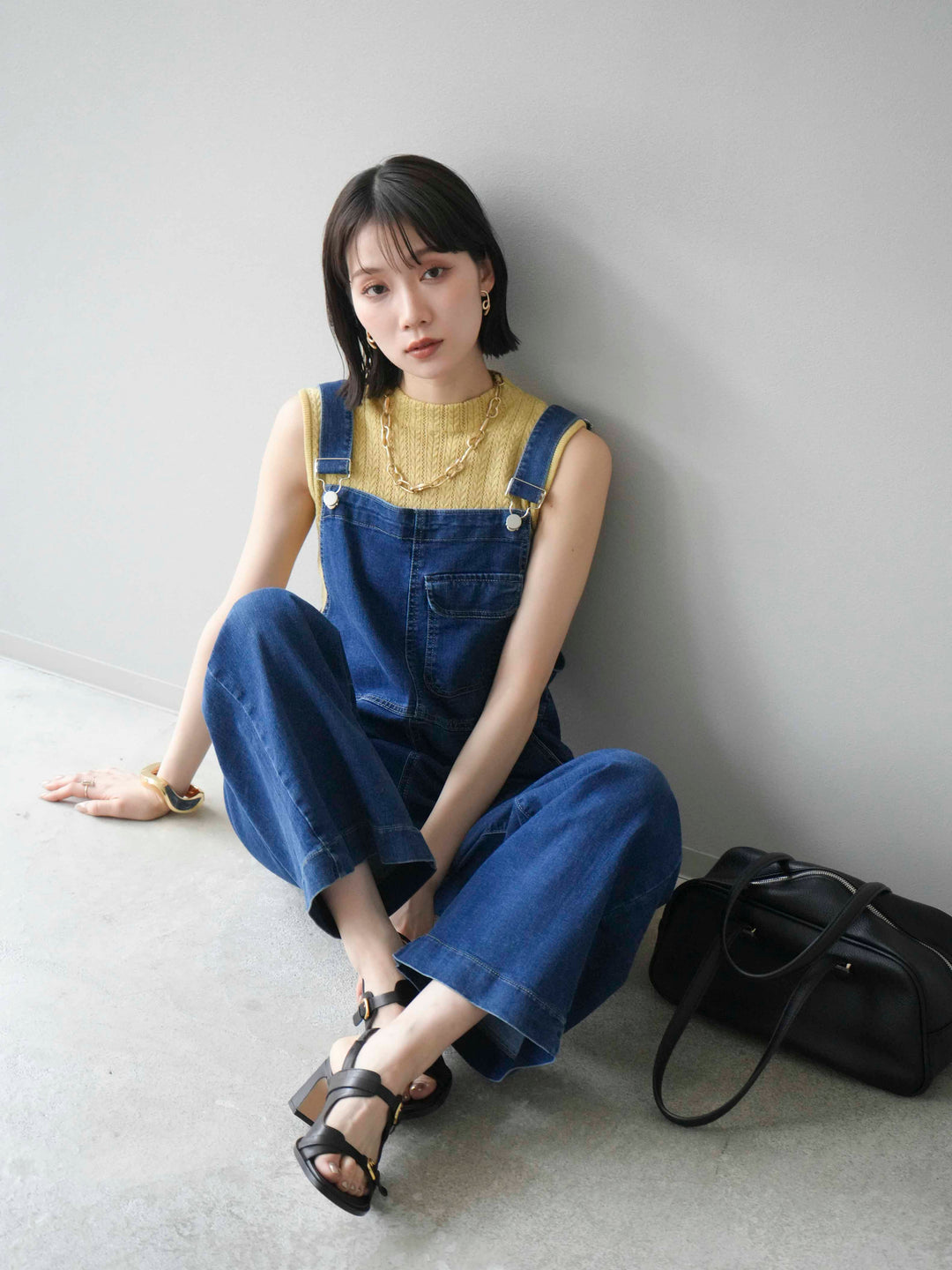 [SET]デザイン編みプチネックノースリニットトップス+ストレッチデニムワイドサロペット(2set)