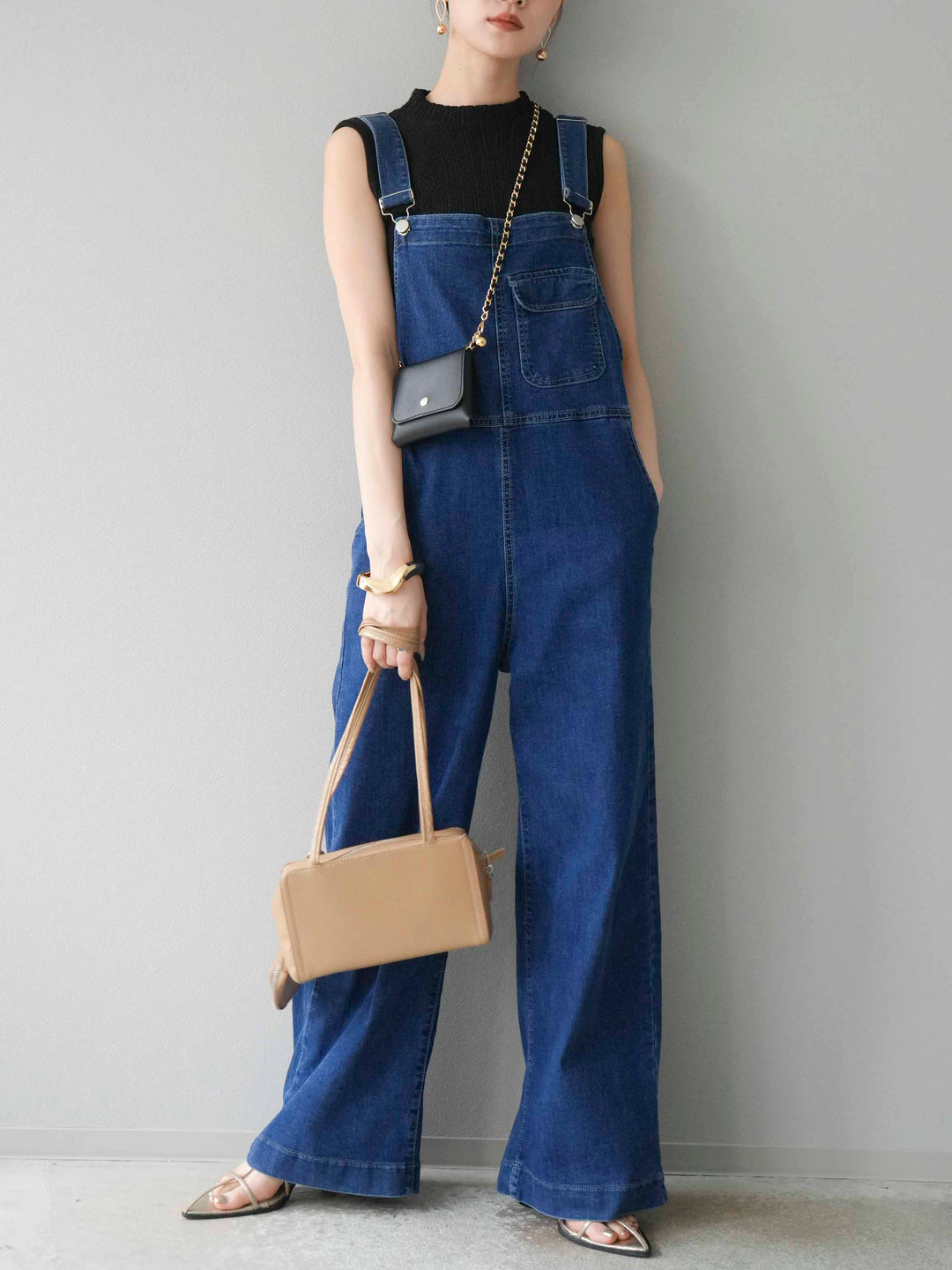 [SET]デザイン編みプチネックノースリニットトップス+ストレッチデニムワイドサロペット(2set)