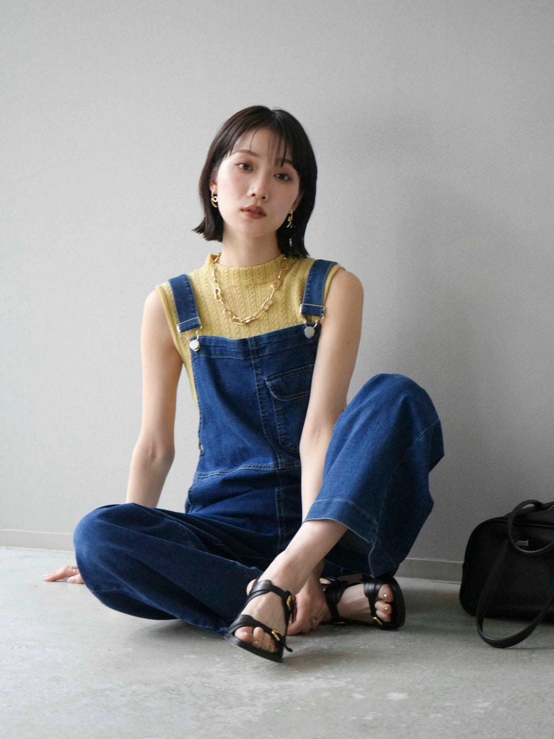 [SET]デザイン編みプチネックノースリニットトップス+ストレッチデニムワイドサロペット(2set)