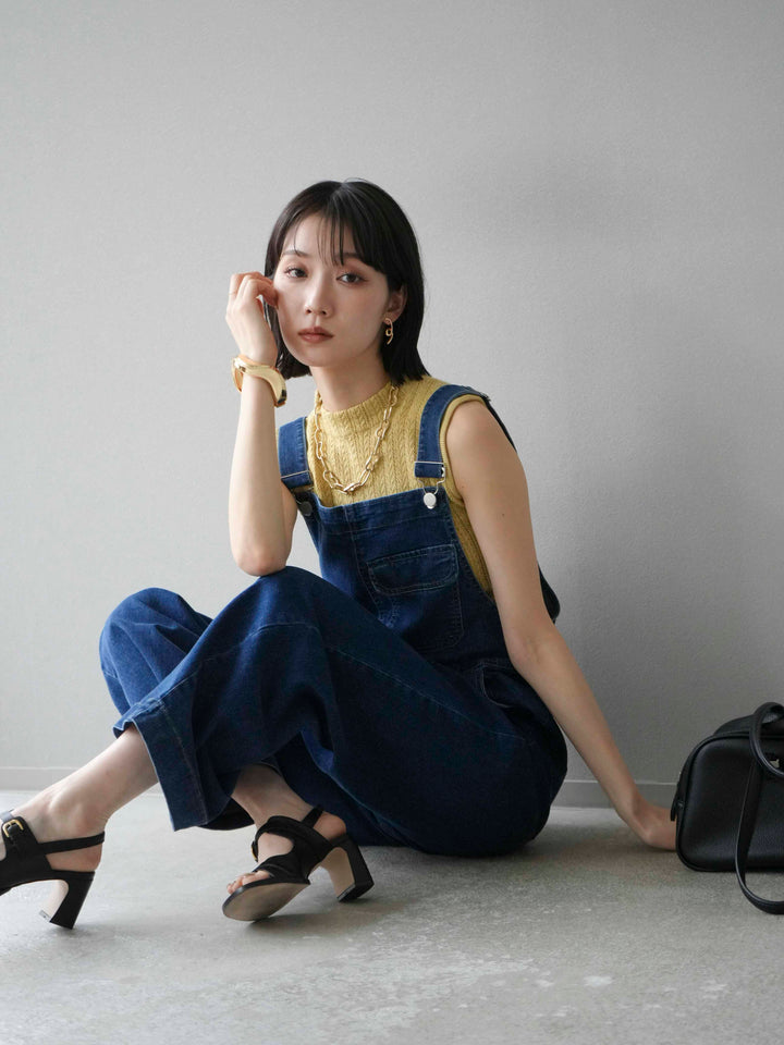 [SET]デザイン編みプチネックノースリニットトップス+ストレッチデニムワイドサロペット(2set)