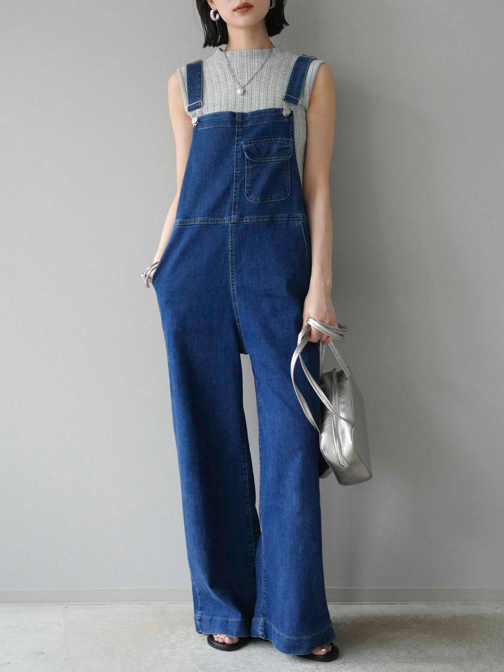 [SET]デザイン編みプチネックノースリニットトップス+ストレッチデニムワイドサロペット(2set)