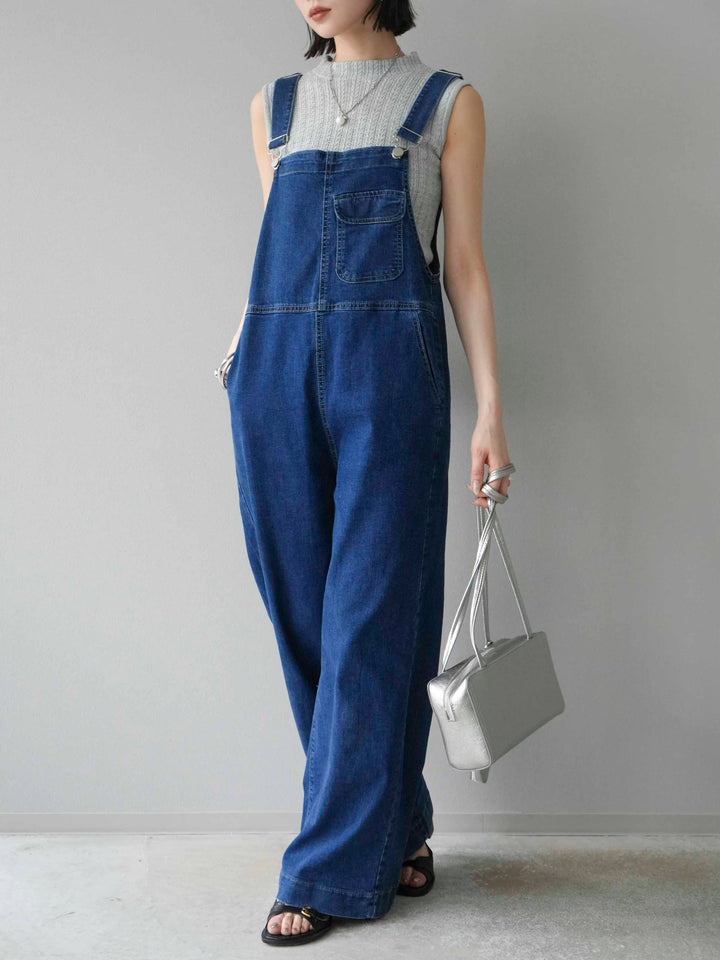 [SET]デザイン編みプチネックノースリニットトップス+ストレッチデニムワイドサロペット(2set)