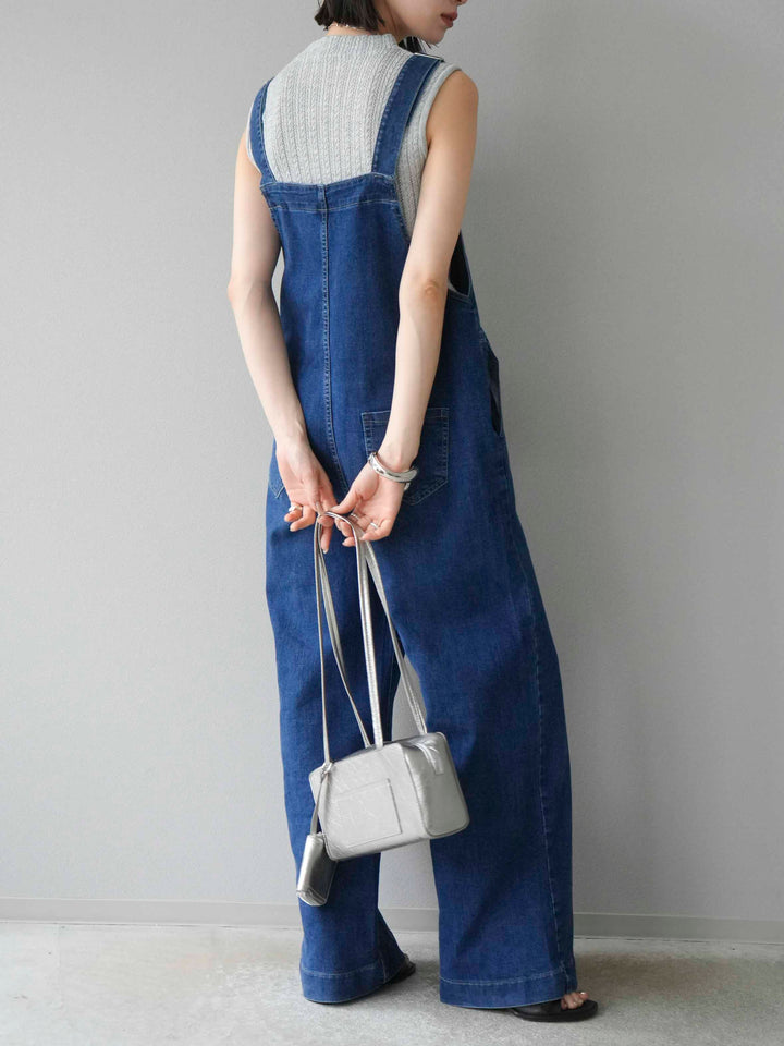 [SET]デザイン編みプチネックノースリニットトップス+ストレッチデニムワイドサロペット(2set)