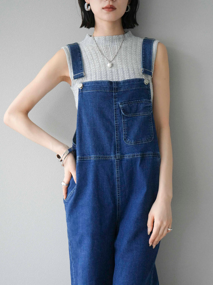 [SET]デザイン編みプチネックノースリニットトップス+ストレッチデニムワイドサロペット(2set)