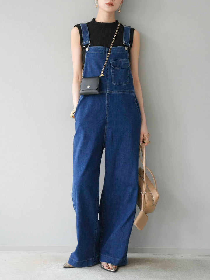 [SET]デザイン編みプチネックノースリニットトップス+ストレッチデニムワイドサロペット(2set)