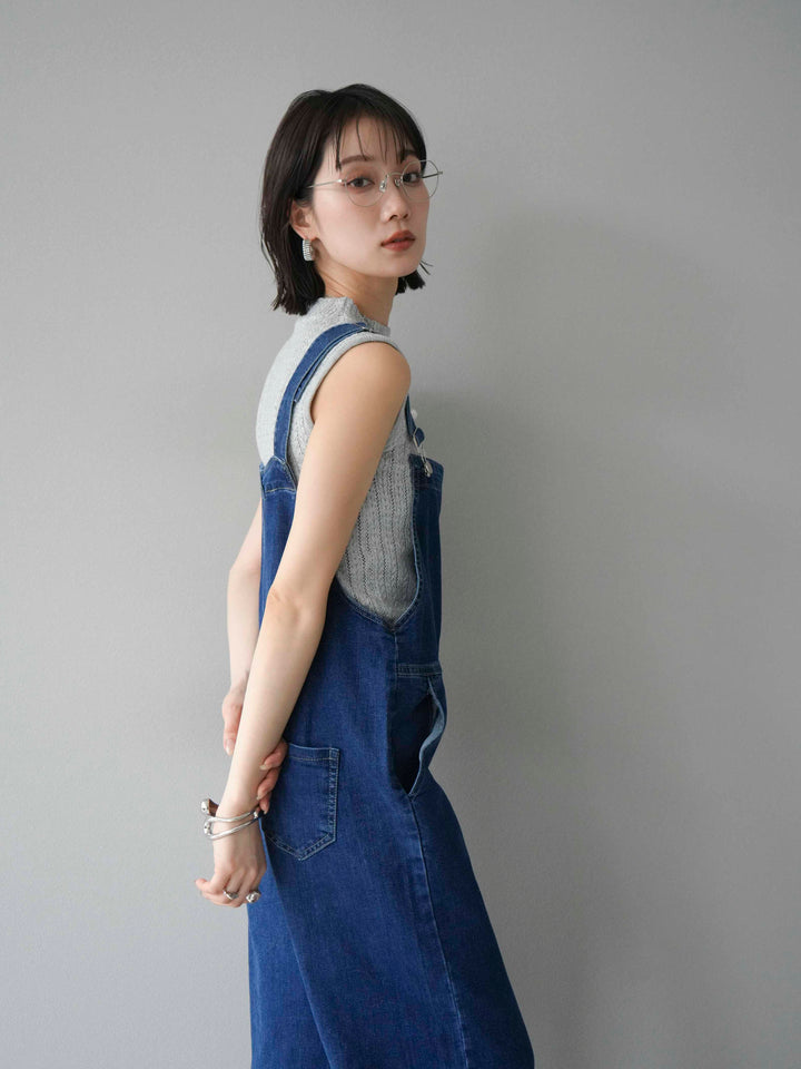 [SET]デザイン編みプチネックノースリニットトップス+ストレッチデニムワイドサロペット(2set)