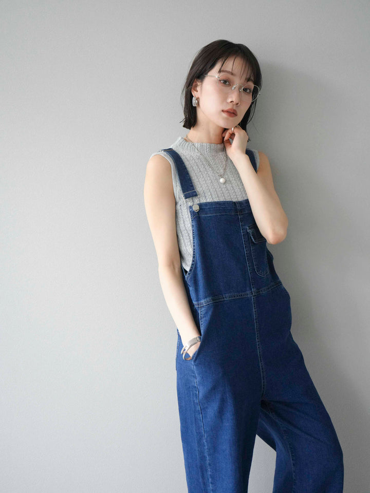 [SET]デザイン編みプチネックノースリニットトップス+ストレッチデニムワイドサロペット(2set)