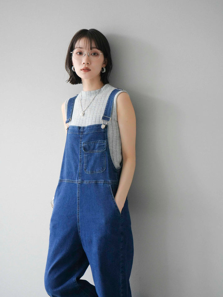 [SET]デザイン編みプチネックノースリニットトップス+ストレッチデニムワイドサロペット(2set)