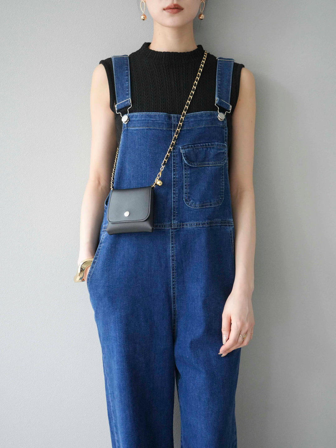 [SET]デザイン編みプチネックノースリニットトップス+ストレッチデニムワイドサロペット(2set)