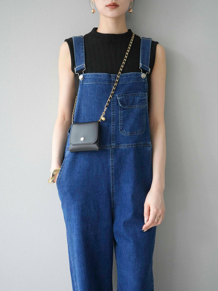 [SET]デザイン編みプチネックノースリニットトップス+ストレッチデニムワイドサロペット(2set)