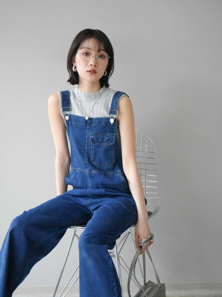 [SET]デザイン編みプチネックノースリニットトップス+ストレッチデニムワイドサロペット(2set)