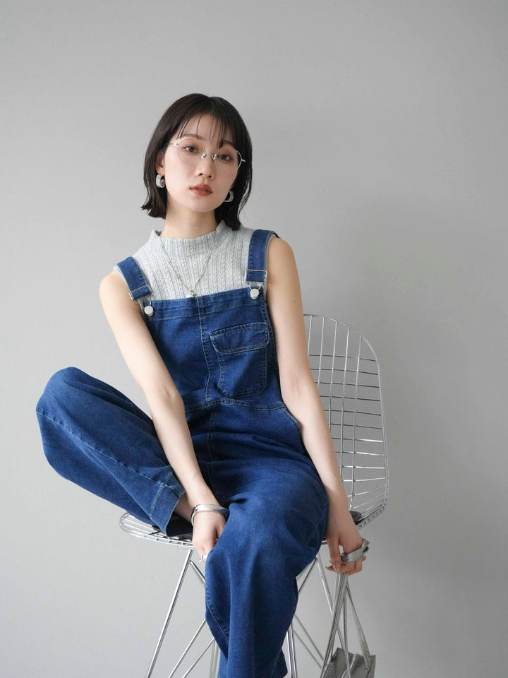 [SET]デザイン編みプチネックノースリニットトップス+ストレッチデニムワイドサロペット(2set)