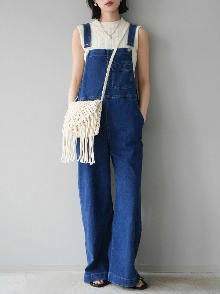 [SET]デザイン編みプチネックノースリニットトップス+ストレッチデニムワイドサロペット(2set)