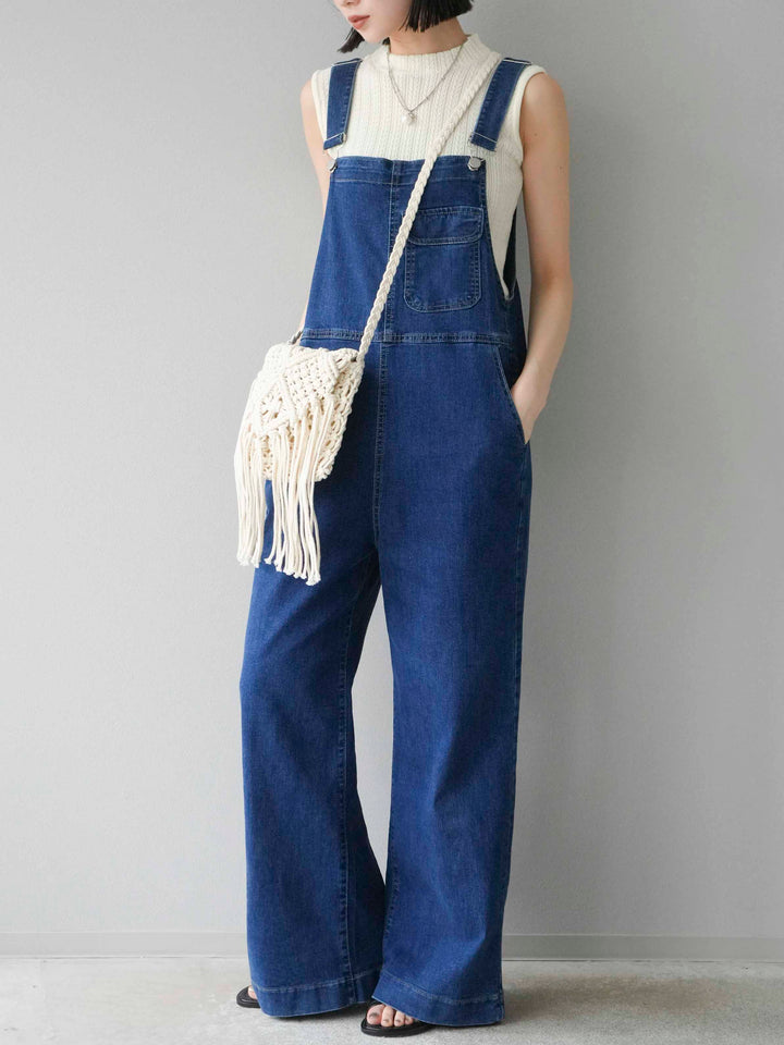 [SET]デザイン編みプチネックノースリニットトップス+ストレッチデニムワイドサロペット(2set)