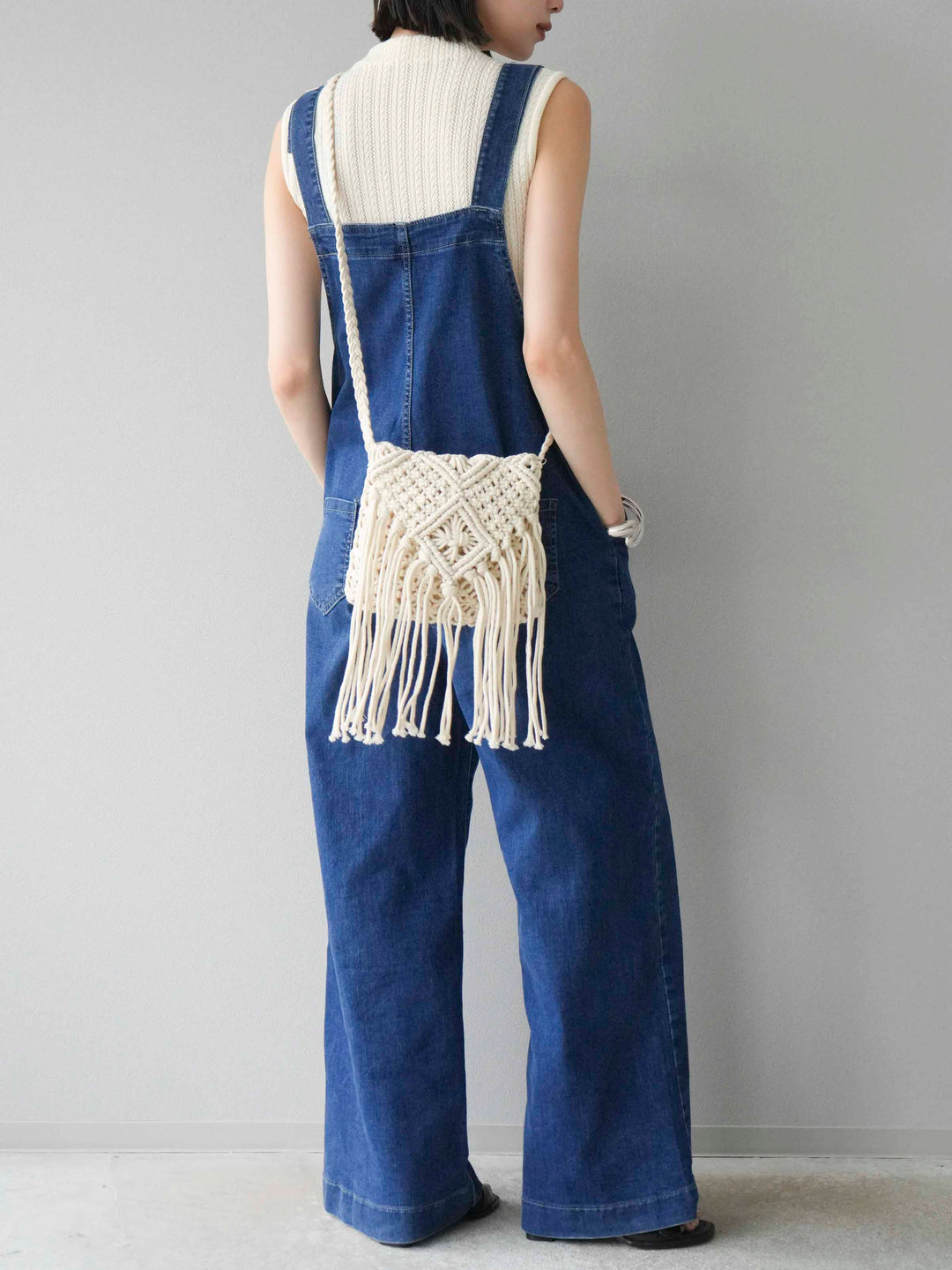 [SET]デザイン編みプチネックノースリニットトップス+ストレッチデニムワイドサロペット(2set)