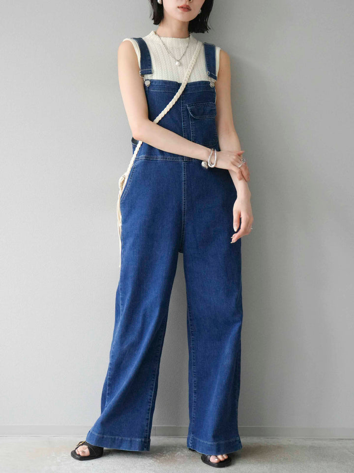 [SET]デザイン編みプチネックノースリニットトップス+ストレッチデニムワイドサロペット(2set)