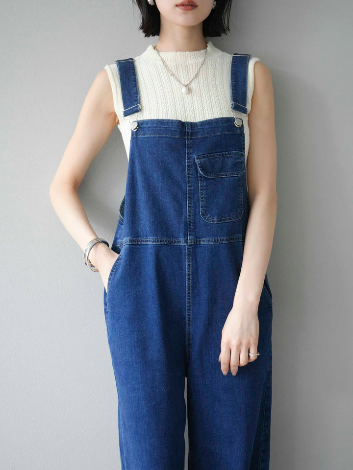 [SET]デザイン編みプチネックノースリニットトップス+ストレッチデニムワイドサロペット(2set)