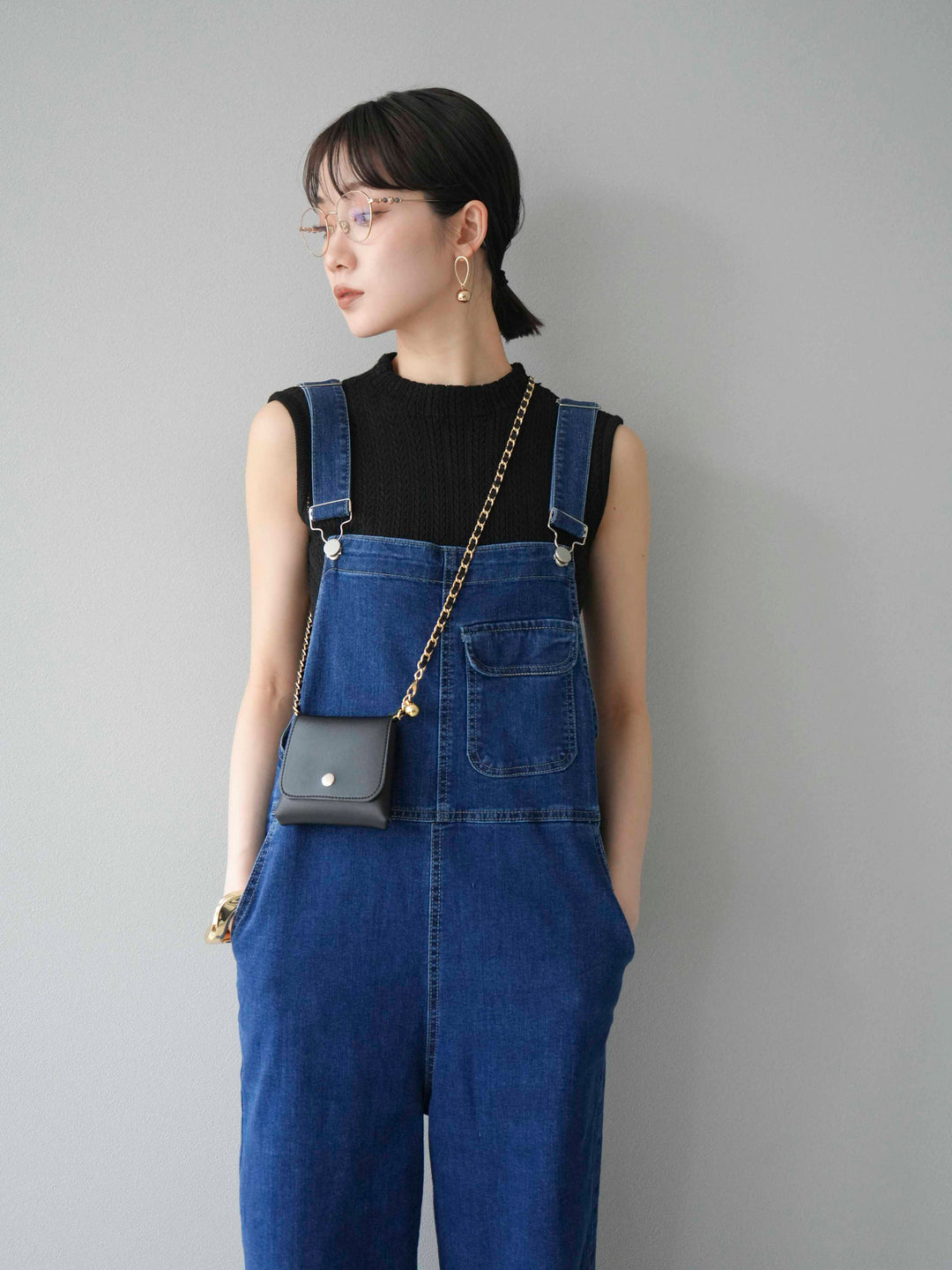 [SET]デザイン編みプチネックノースリニットトップス+ストレッチデニムワイドサロペット(2set)