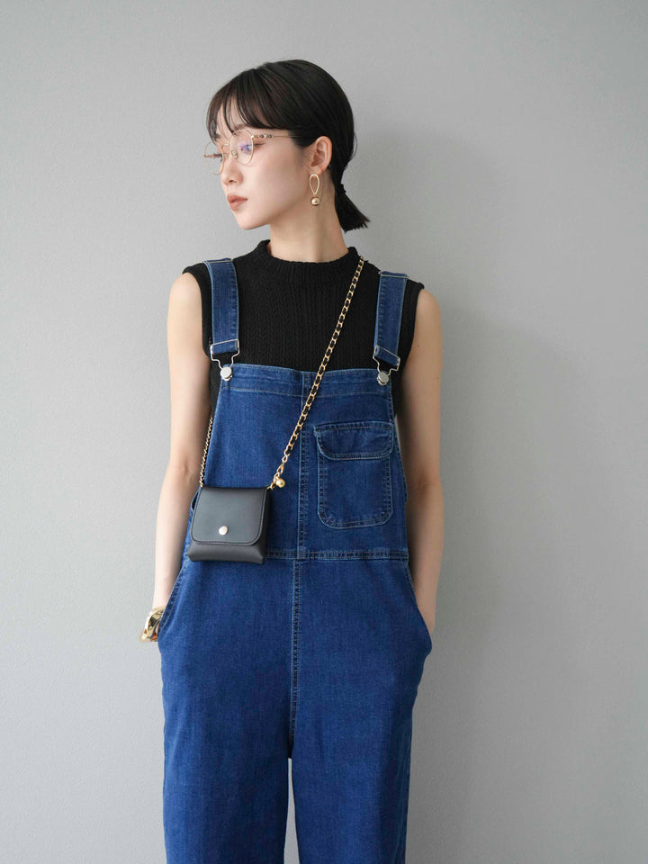 [SET]デザイン編みプチネックノースリニットトップス+ストレッチデニムワイドサロペット(2set)