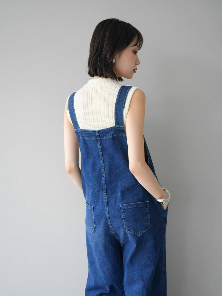 [SET]デザイン編みプチネックノースリニットトップス+ストレッチデニムワイドサロペット(2set)