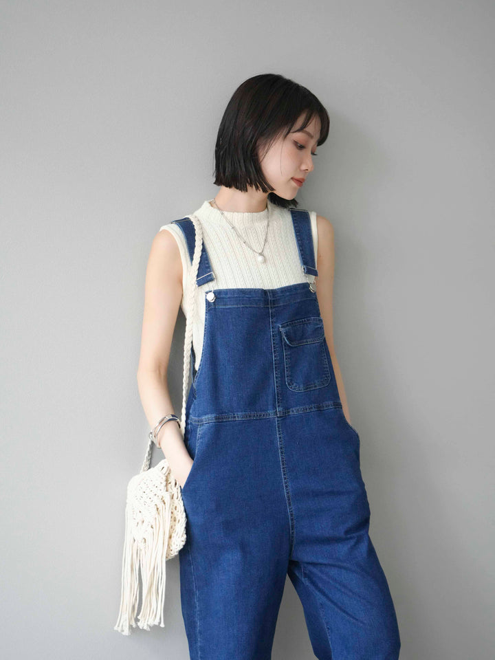 [SET]デザイン編みプチネックノースリニットトップス+ストレッチデニムワイドサロペット(2set)