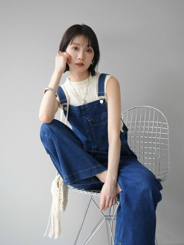 [SET]デザイン編みプチネックノースリニットトップス+ストレッチデニムワイドサロペット(2set)