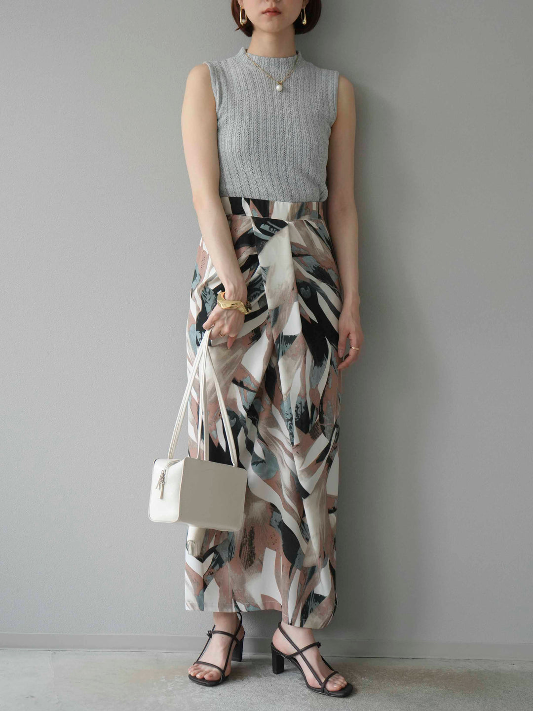 [預購] 度假風印花褶襉I字裙/綠色