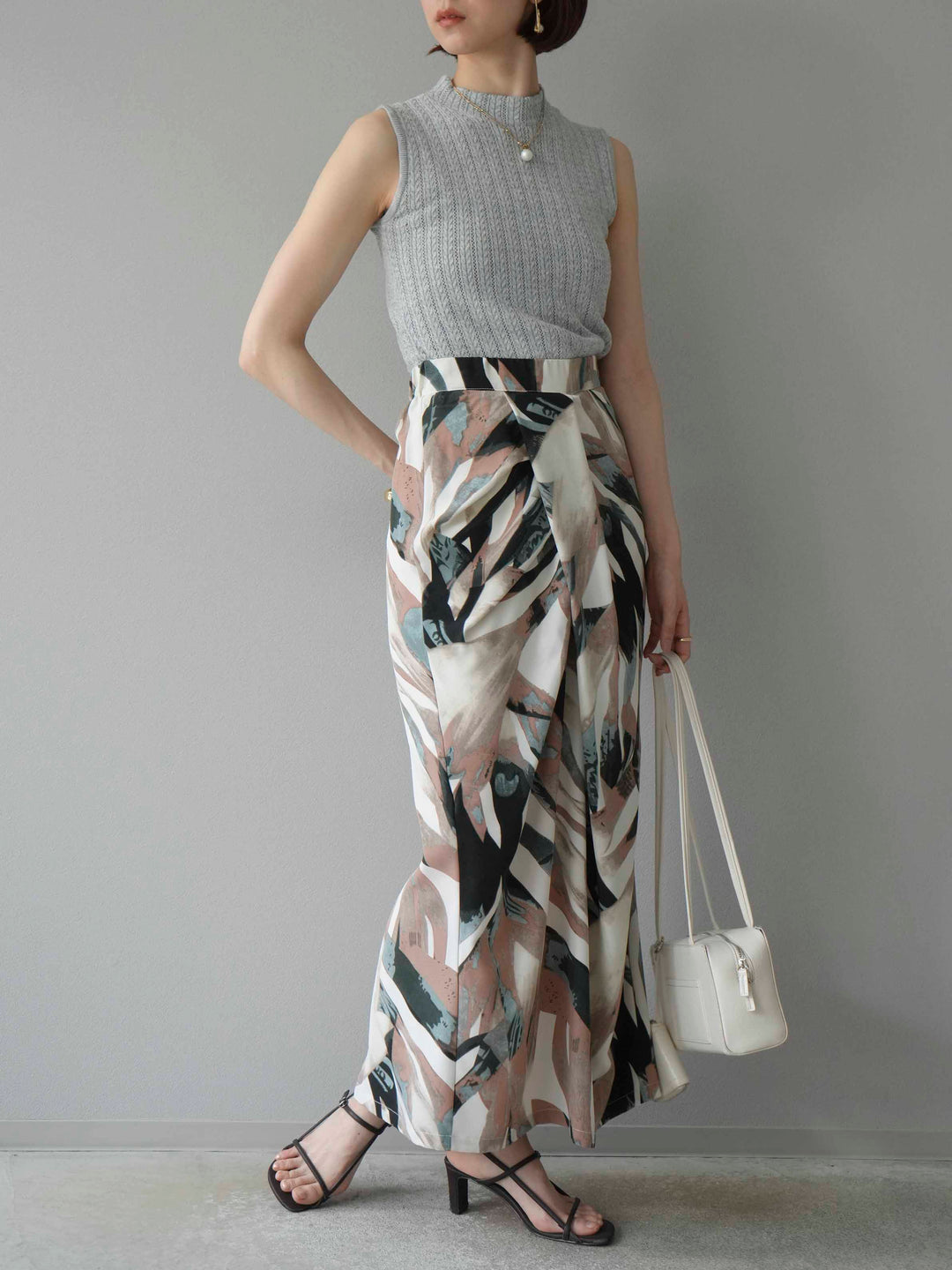 [預購] 度假風印花褶襉I字裙/綠色