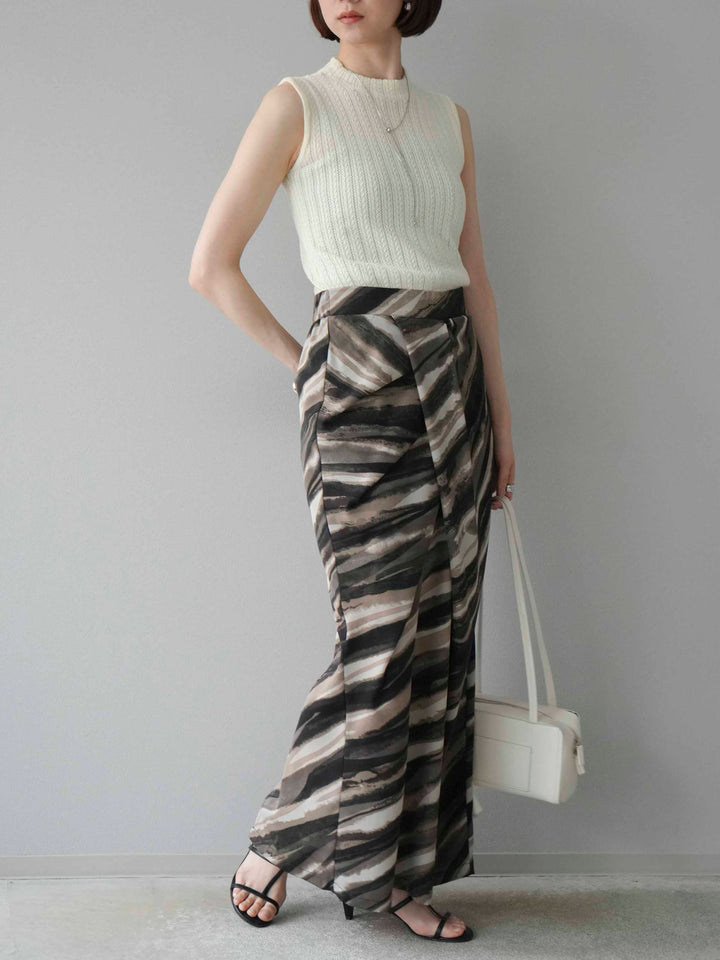 [予約]ニュアンスプリントタックIラインスカート/ブラウン