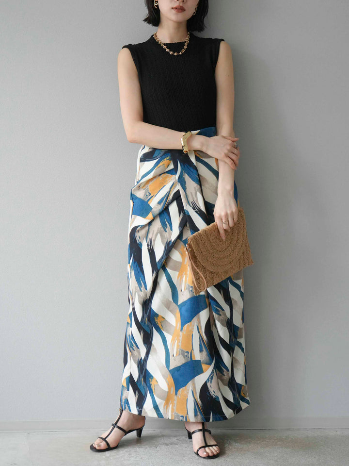 [預購] 度假風印花褶襉I字裙/藍色