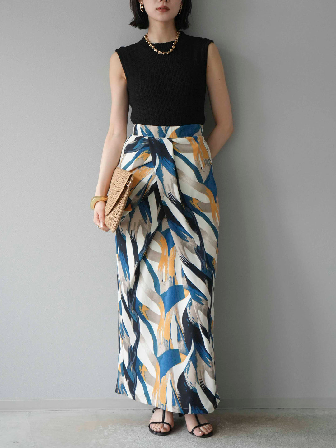 [預購] 度假風印花褶襉I字裙/藍色