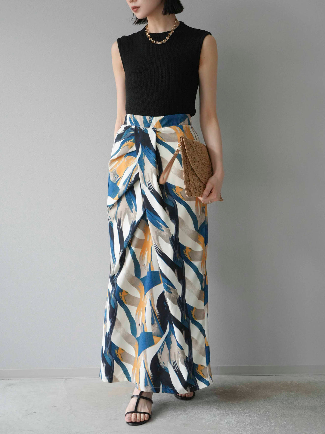 [預購] 度假風印花褶襉I字裙/藍色