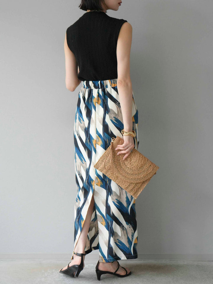 [預購] 度假風印花褶襉I字裙/藍色