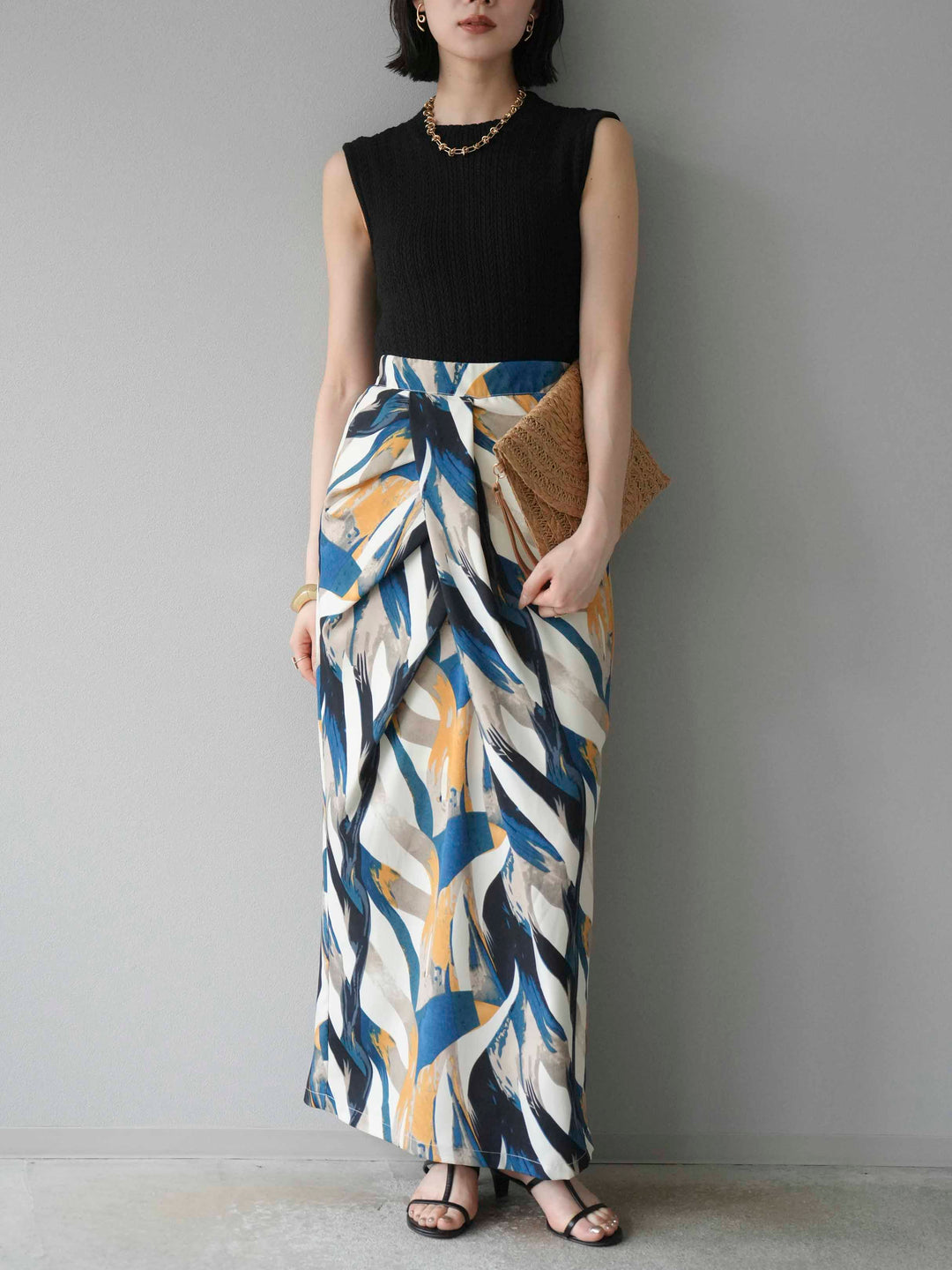 [預購] 度假風印花褶襉I字裙/藍色