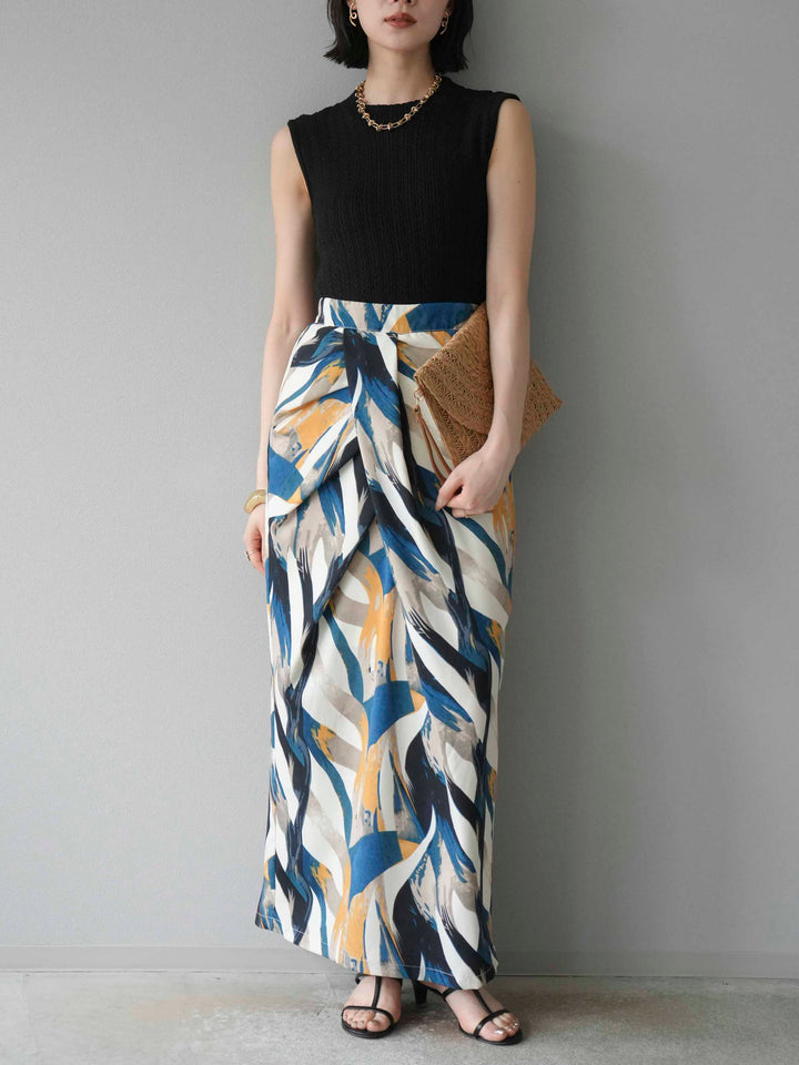 [預購] 度假風印花褶襉I字裙/藍色