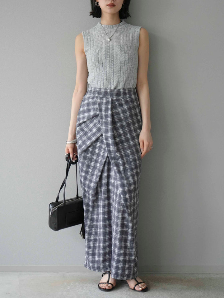 [予約]チェックプリントタックIラインスカート/グレー